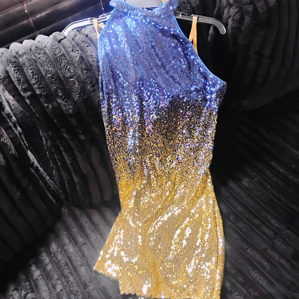 Revolution Blue and Yellow Sheath Dress Halter Sleeveless